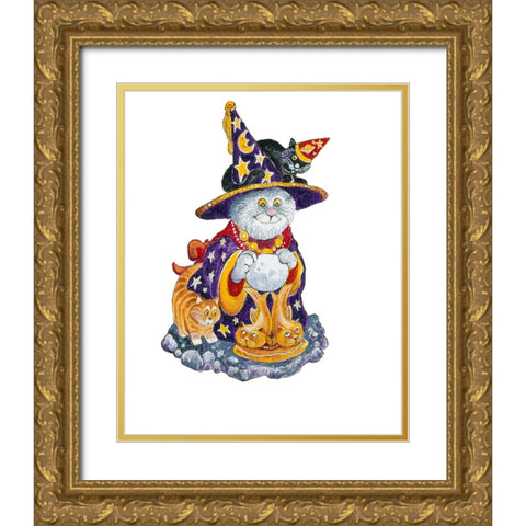 Witch Cat Gold Ornate Wood Framed Art Print with Double Matting by Bell, Bill