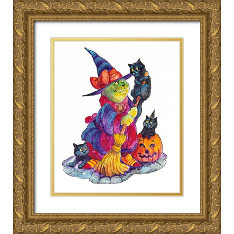 Witchcat With Broom Gold Ornate Wood Framed Art Print with Double Matting by Bell, Bill