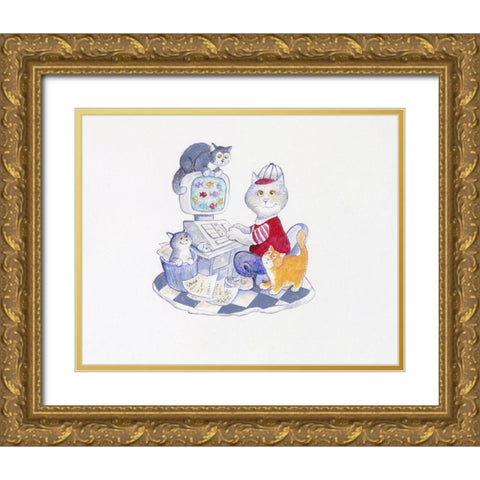 Computer Cat Gold Ornate Wood Framed Art Print with Double Matting by Bell, Bill