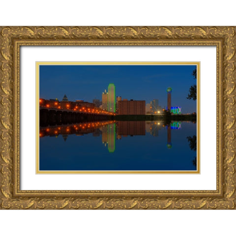 Dallas Skyline and Reflection at Twilight Gold Ornate Wood Framed Art Print with Double Matting by Sherrell, Bill