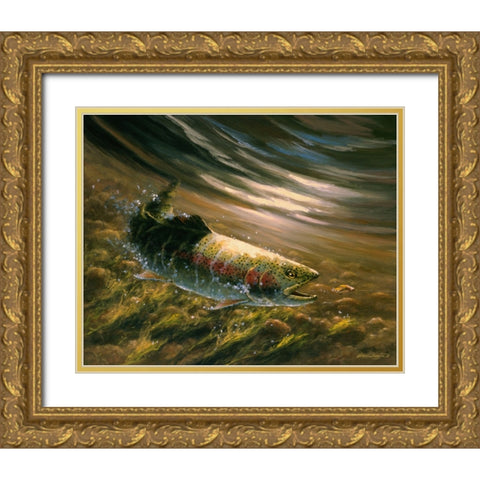 The Chase - Rainbow Trout Gold Ornate Wood Framed Art Print with Double Matting by Langton, Bruce