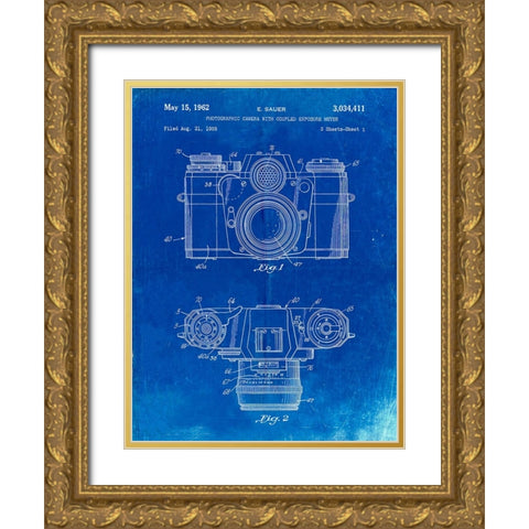 PP6-Faded Blueprint Zeiss Ikon Contarex Camera Patent Poster Gold Ornate Wood Framed Art Print with Double Matting by Borders, Cole