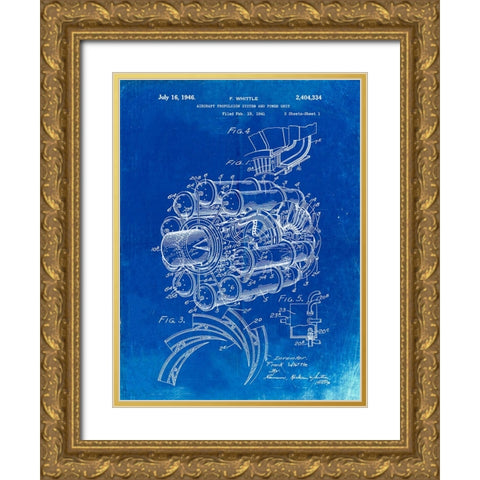 PP14-Faded Blueprint Jet Engine Patent Poster Gold Ornate Wood Framed Art Print with Double Matting by Borders, Cole