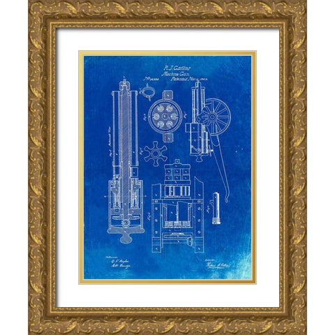 PP23-Faded Blueprint Gatling Gun Patent Poster Gold Ornate Wood Framed Art Print with Double Matting by Borders, Cole