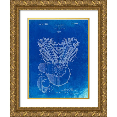 PP24-Faded Blueprint Harley Davidson Engine 1919 Patent Poster Gold Ornate Wood Framed Art Print with Double Matting by Borders, Cole