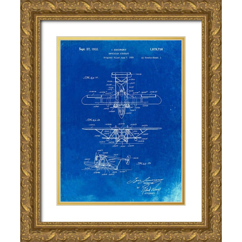 PP29-Faded Blueprint Biwing Seaplane Patent Print Gold Ornate Wood Framed Art Print with Double Matting by Borders, Cole