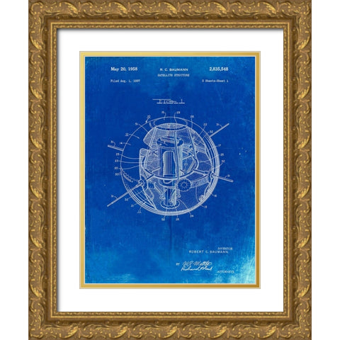 PP52-Faded Blueprint Earth Satellite Patent Poster Gold Ornate Wood Framed Art Print with Double Matting by Borders, Cole