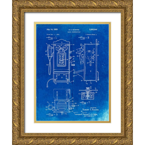 PP65-Faded Blueprint Wall Phone Patent Poster Gold Ornate Wood Framed Art Print with Double Matting by Borders, Cole