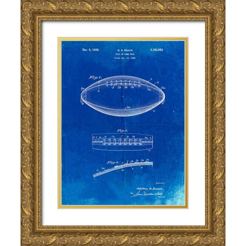 PP71-Faded Blueprint Football Game Ball Patent  Gold Ornate Wood Framed Art Print with Double Matting by Borders, Cole