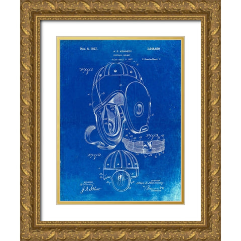 PP73-Faded Blueprint Football Leather Helmet 1927 Patent Poster Gold Ornate Wood Framed Art Print with Double Matting by Borders, Cole