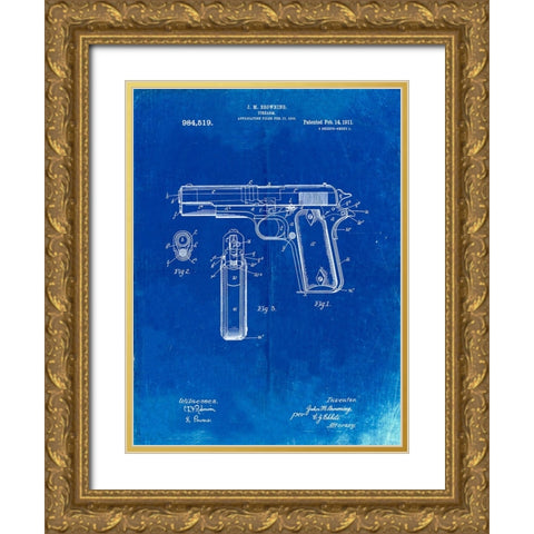 PP76-Faded Blueprint Colt 1911 Semi-Automatic Pistol Patent Poster Gold Ornate Wood Framed Art Print with Double Matting by Borders, Cole