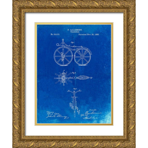 PP77-Faded Blueprint First Bicycle 1866 Patent Poster Gold Ornate Wood Framed Art Print with Double Matting by Borders, Cole