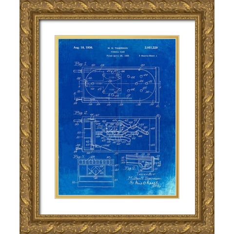 PP79-Faded Blueprint Pin Ball Machine Patent Poster Gold Ornate Wood Framed Art Print with Double Matting by Borders, Cole