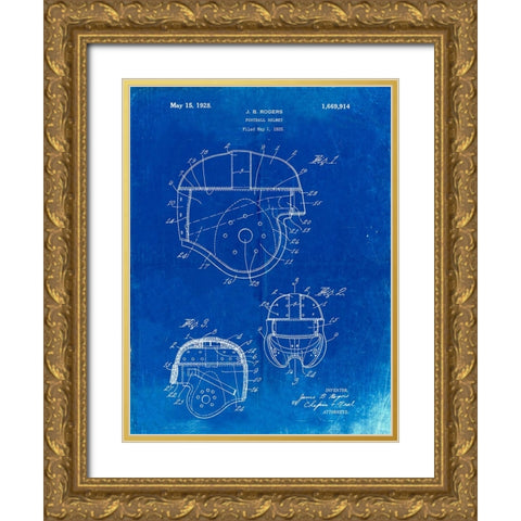 PP218-Faded Blueprint Football Helmet 1925 Patent Poster Gold Ornate Wood Framed Art Print with Double Matting by Borders, Cole