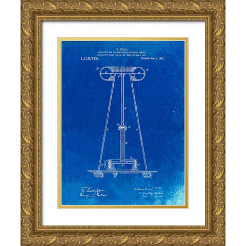PP241-Faded Blueprint Tesla Energy Transmitter Patent Poster Gold Ornate Wood Framed Art Print with Double Matting by Borders, Cole