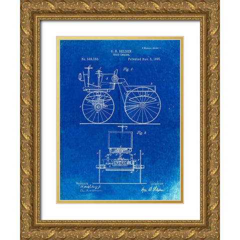 PP243-Faded Blueprint Motor Buggy 1895 Patent Print Gold Ornate Wood Framed Art Print with Double Matting by Borders, Cole