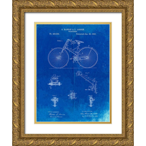 PP248-Faded Blueprint Bicycle 1890 Patent Poster Gold Ornate Wood Framed Art Print with Double Matting by Borders, Cole