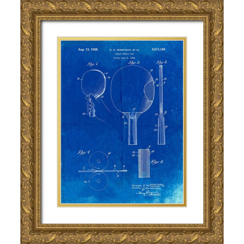 PP250-Faded Blueprint Ping Pong Paddle Patent Poster Gold Ornate Wood Framed Art Print with Double Matting by Borders, Cole