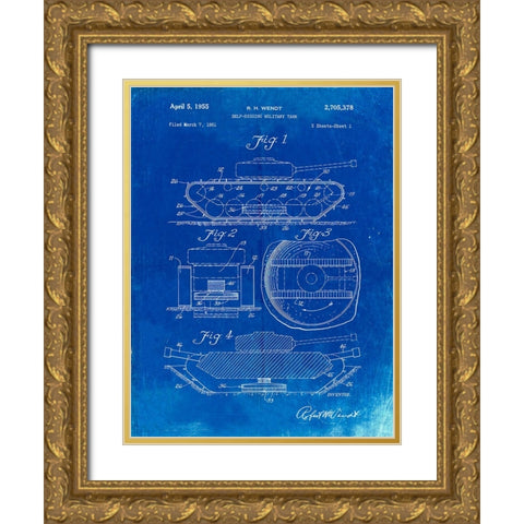 PP262-Faded Blueprint Military Self Digging Tank Patent Poster Gold Ornate Wood Framed Art Print with Double Matting by Borders, Cole