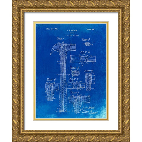 PP275-Faded Blueprint Claw Hammer Patent Poster Gold Ornate Wood Framed Art Print with Double Matting by Borders, Cole