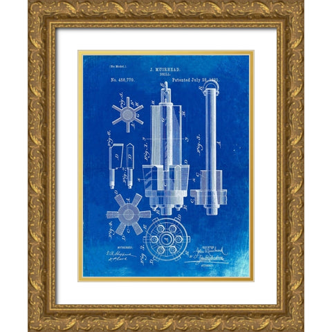 PP280-Faded Blueprint Mining Drill Tool 1891 Patent Poster Gold Ornate Wood Framed Art Print with Double Matting by Borders, Cole