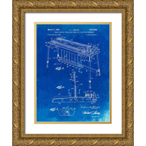 PP281-Faded Blueprint Fender Pedal Steel Guitar Patent Poster Gold Ornate Wood Framed Art Print with Double Matting by Borders, Cole