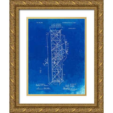 PP288-Faded Blueprint Wright Brothers Flying Machine Patent Poster Gold Ornate Wood Framed Art Print with Double Matting by Borders, Cole