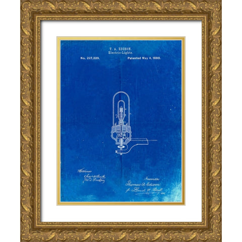 PP296-Faded Blueprint Edison Light Bulb Poster Gold Ornate Wood Framed Art Print with Double Matting by Borders, Cole