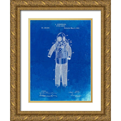 PP343-Faded Blueprint Hemenger Diving Armor Poster Gold Ornate Wood Framed Art Print with Double Matting by Borders, Cole