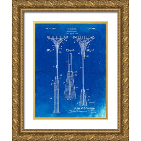 PP382-Faded Blueprint Badminton Racket 1937 Patent Poster Gold Ornate Wood Framed Art Print with Double Matting by Borders, Cole