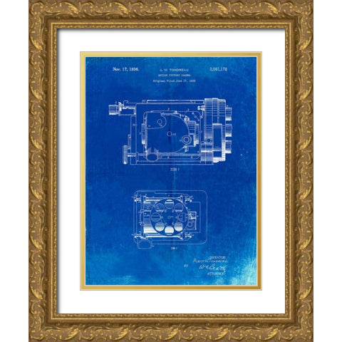 PP390-Faded Blueprint Motion Picture Camera 1932 Patent Poster Gold Ornate Wood Framed Art Print with Double Matting by Borders, Cole