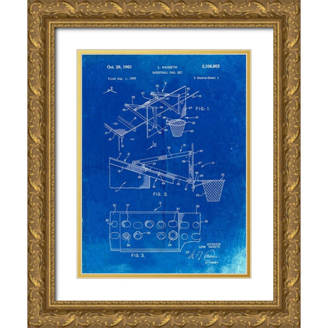 PP454-Faded Blueprint Basketball Adjustable Goal 1962 Patent Poster Gold Ornate Wood Framed Art Print with Double Matting by Borders, Cole