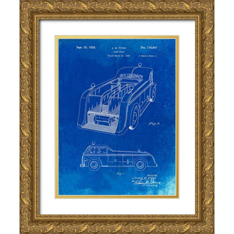 PP462-Faded Blueprint Firetruck 1939 Two Image Patent Poster Gold Ornate Wood Framed Art Print with Double Matting by Borders, Cole