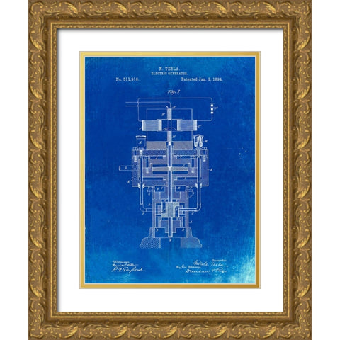 PP463-Faded Blueprint Tesla Electric Generator Poster Gold Ornate Wood Framed Art Print with Double Matting by Borders, Cole