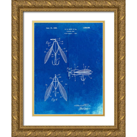 PP476-Faded Blueprint Surface Fishing Lure Patent Poster Gold Ornate Wood Framed Art Print with Double Matting by Borders, Cole