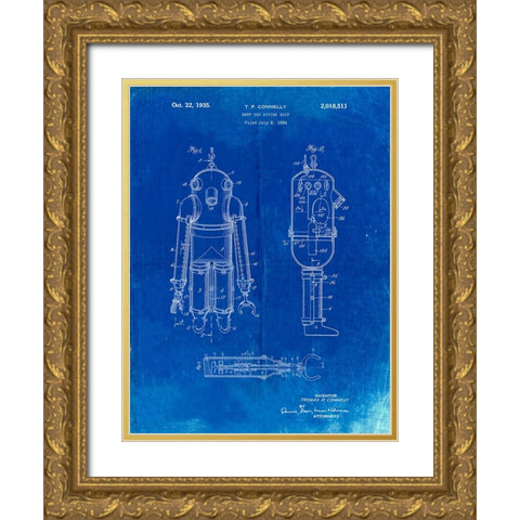 PP479-Faded Blueprint Deep Sea Diving Suit Patent Poster Gold Ornate Wood Framed Art Print with Double Matting by Borders, Cole