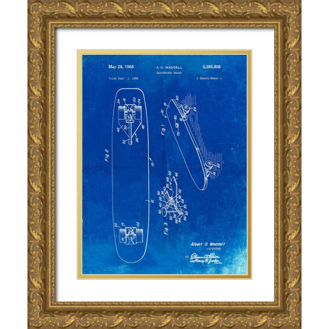 PP492-Faded Blueprint Skateboard Brake Patent Poster Gold Ornate Wood Framed Art Print with Double Matting by Borders, Cole