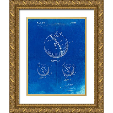 PP493-Faded Blueprint Bowling Ball 1967 Patent Poster Gold Ornate Wood Framed Art Print with Double Matting by Borders, Cole