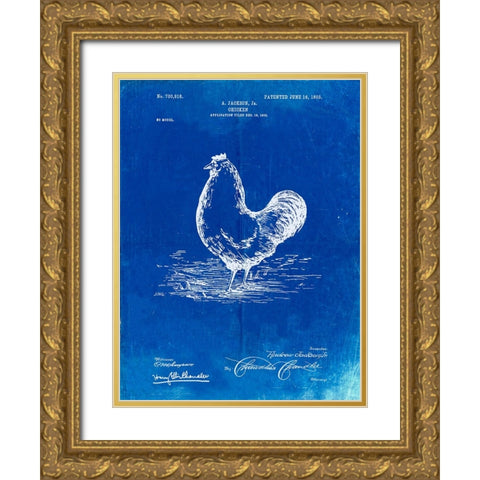 PP497-Faded Blueprint Chicken Patent Poster Gold Ornate Wood Framed Art Print with Double Matting by Borders, Cole