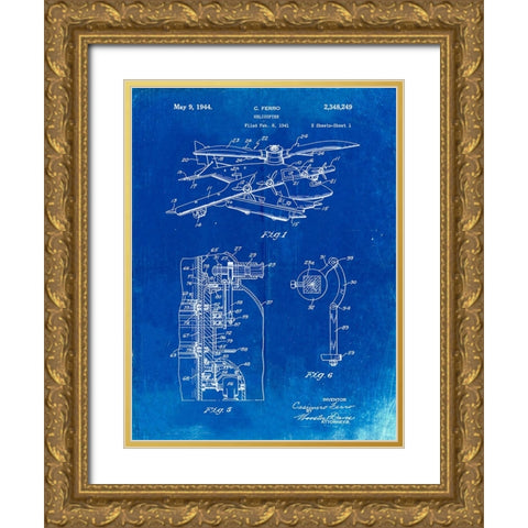 PP500-Faded Blueprint Early Helicopter Patent Poster Gold Ornate Wood Framed Art Print with Double Matting by Borders, Cole