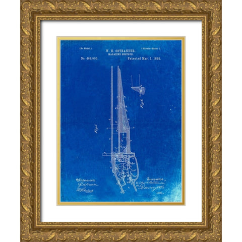 PP513-Faded Blueprint The Ostrander Shotgun Patent Poster Gold Ornate Wood Framed Art Print with Double Matting by Borders, Cole