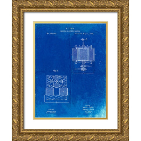 PP532-Faded Blueprint Tesla Electro Magnetic Motor Poster Gold Ornate Wood Framed Art Print with Double Matting by Borders, Cole