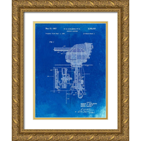 PP597-Faded Blueprint Missile Launcher Cold War Patent Poster Gold Ornate Wood Framed Art Print with Double Matting by Borders, Cole