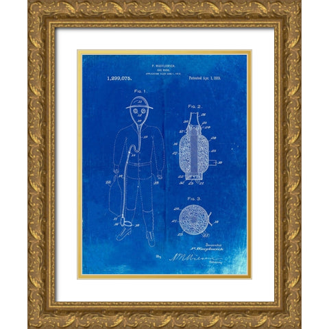 PP607-Faded Blueprint Gas Mask 1918 Patent Poster Gold Ornate Wood Framed Art Print with Double Matting by Borders, Cole