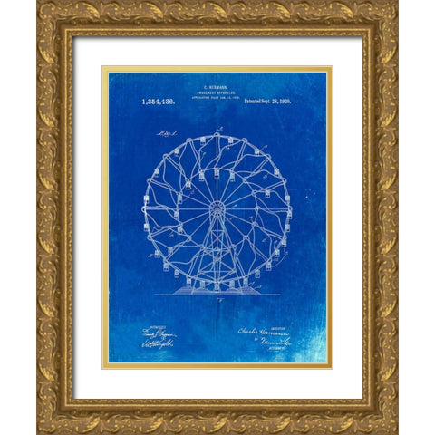 PP615-Faded Blueprint Ferris Wheel 1920 Patent Poster Gold Ornate Wood Framed Art Print with Double Matting by Borders, Cole
