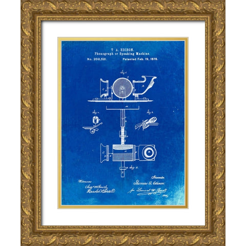 PP622-Faded Blueprint T. A. Edison Phonograph Patent Poster Gold Ornate Wood Framed Art Print with Double Matting by Borders, Cole