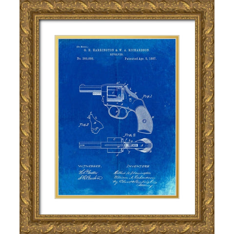 PP633-Faded Blueprint H And R Revolver Pistol Patent Poster Gold Ornate Wood Framed Art Print with Double Matting by Borders, Cole