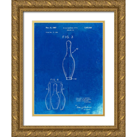 PP641-Faded Blueprint Bowling Pin 1967 Patent Poster Gold Ornate Wood Framed Art Print with Double Matting by Borders, Cole