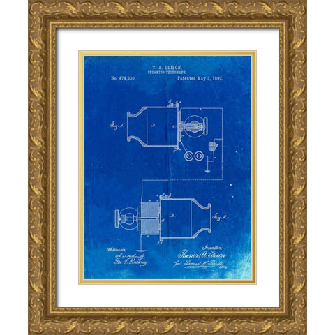 PP644-Faded Blueprint Edison Speaking Telegraph Patent Poster Gold Ornate Wood Framed Art Print with Double Matting by Borders, Cole