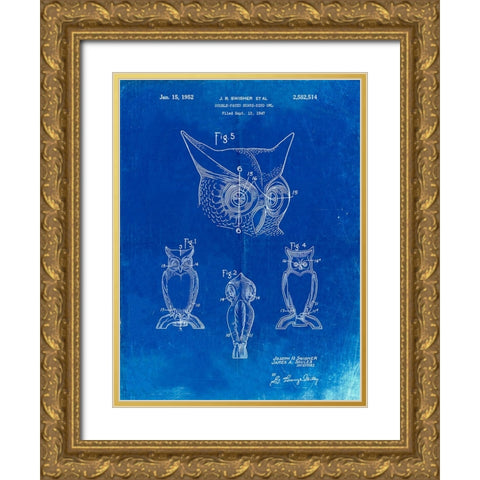 PP647-Faded Blueprint Owl Bird of Prey Patent Poster Gold Ornate Wood Framed Art Print with Double Matting by Borders, Cole